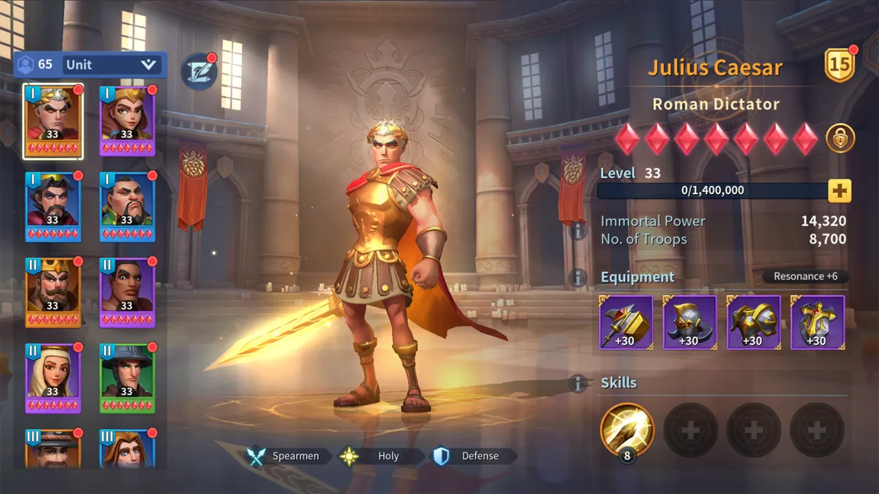 Infinity Kingdom official screenshot: the hero screen showing Julius Caesar, the Roman Dictator, with his level, troop count, equipment slots, and skills