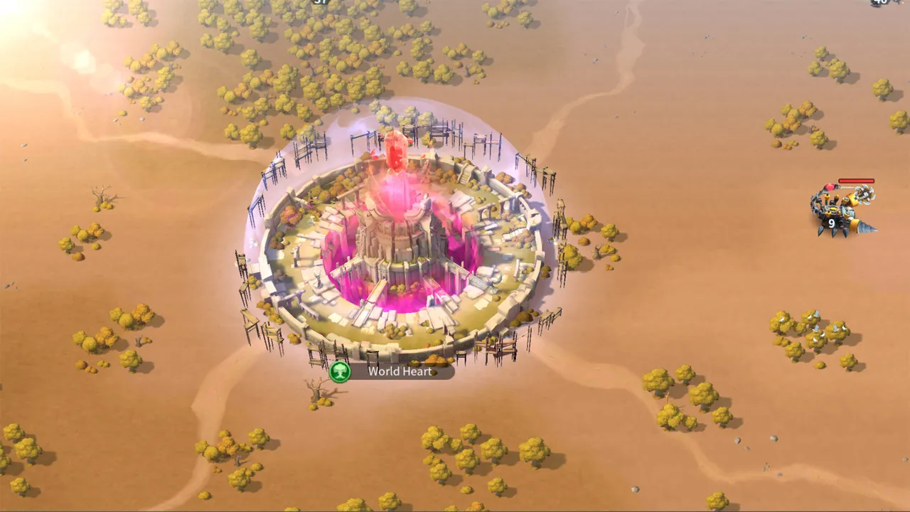 Infinity Kingdom official screenshot: the world map, showing a glowing circular stronghold called the World Heart surrounded by open desert