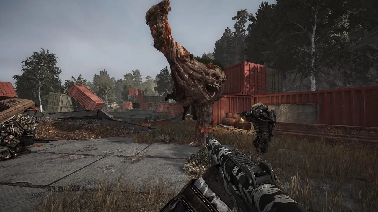 STALZONE official screenshot: a towering flesh-like mutant rears up beside rusted shipping containers as a player in camouflage gear aims a rifle
