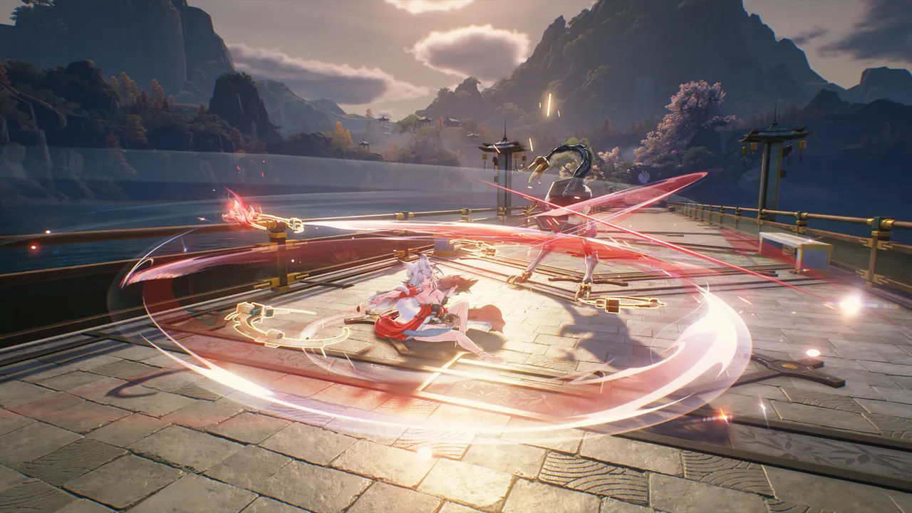 Wuthering Waves official screenshot: two characters clashing on a stone platform, with sweeping red sword trails arcing around them
